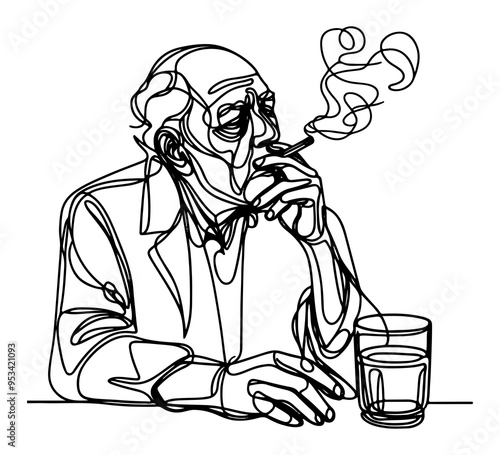 old man smoking cigarette continuous line drawing