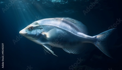 A rare deep-sea fish emitting a faint bioluminescent light from its body, swimming through dark, murky waters