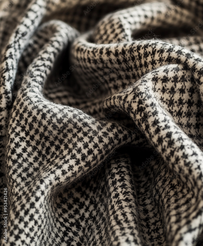 houndstooth pattern on a tailored wool coat, the texture of the wool fibers visible in crisp detail