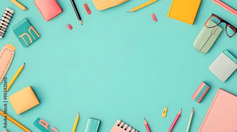 Back to School Supplies on Turquoise Background Back to School Supplies on Turquoise Background
