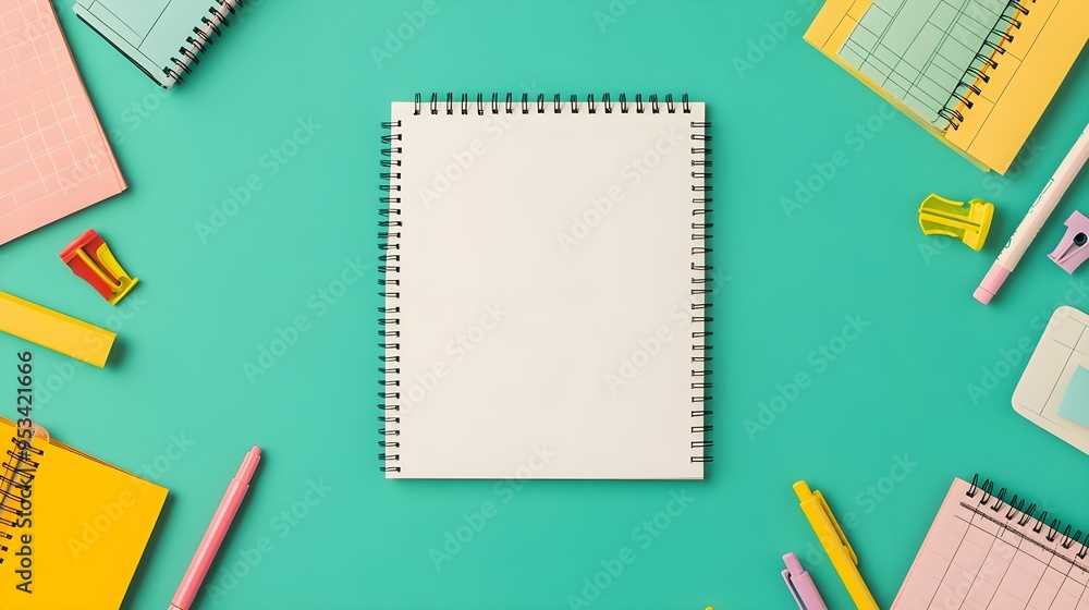 Blank Notebook with Colorful Stationery on Teal Background Blank Notebook with Colorful Stationery on Teal Background