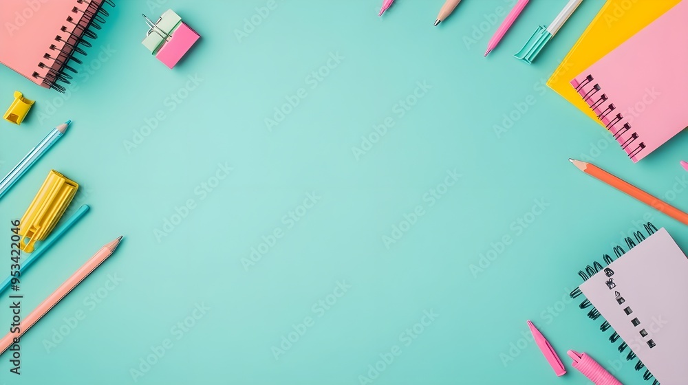 Blue Background with Colorful Office Supplies and Copy Space Blue Background with Colorful Office Supplies and Copy Space