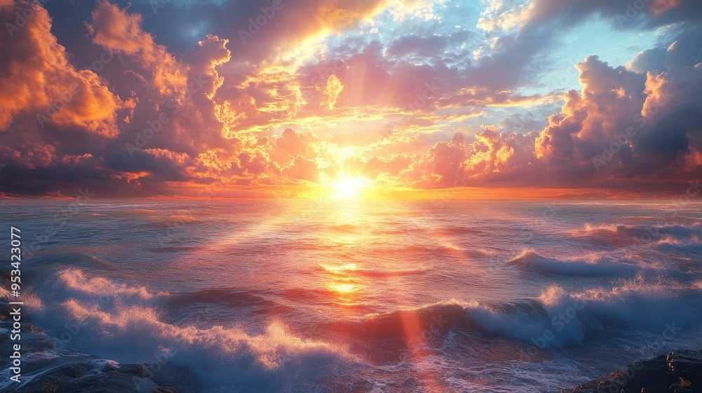 Happiness symbolized by a sunbeam breaking through storm clouds (focus on, fleeting joy, dynamic, Manipulation, cliffside backdrop) Happiness symbolized by a sunbeam breaking through storm clouds (focus on, fleeting joy, dynamic, Manipulation, cliffside backdrop)