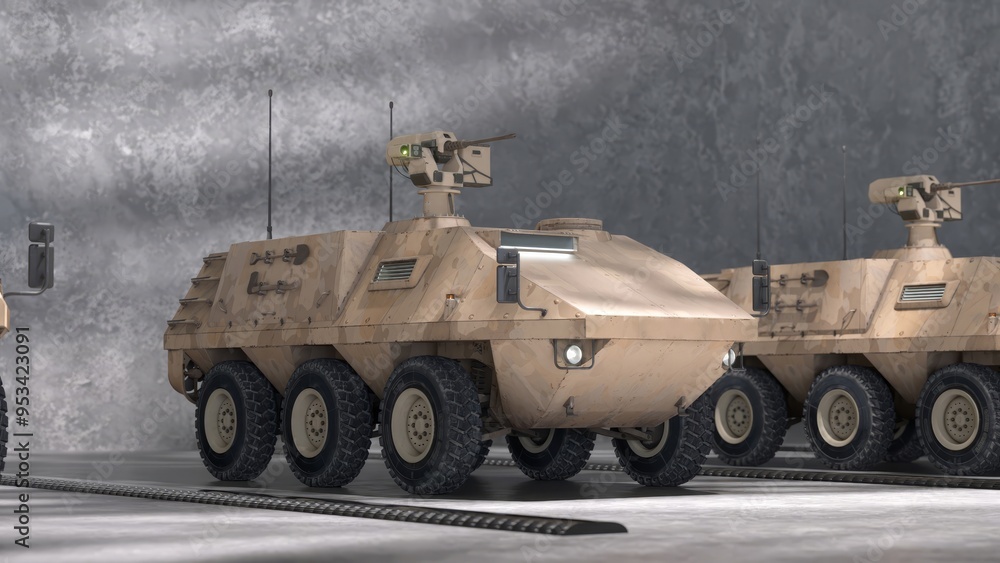 Row of desert-camouflage armored vehicles parked indoors in a concrete garage, showcasing military technology and readiness. Row of desert-camouflage armored vehicles parked indoors in a concrete garage, showcasing military technology and readiness.