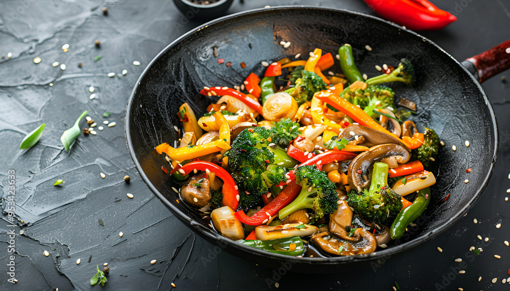 stir fried vegetables in a wok on dark table stir fried vegetables in a wok on dark table