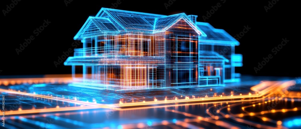 Obraz premium Smart Home Concept, 3D wireframe of a modern house with glowing digital circuits, Future of technology