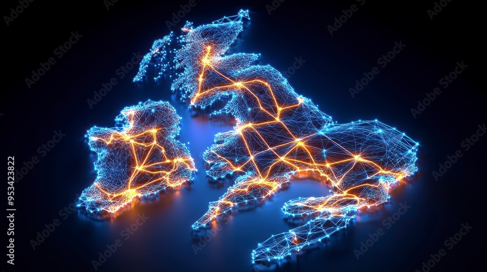 Digital Connectivity, Glowing network map of the United Kingdom and Ireland, Advanced communication Digital Connectivity, Glowing network map of the United Kingdom and Ireland, Advanced communication