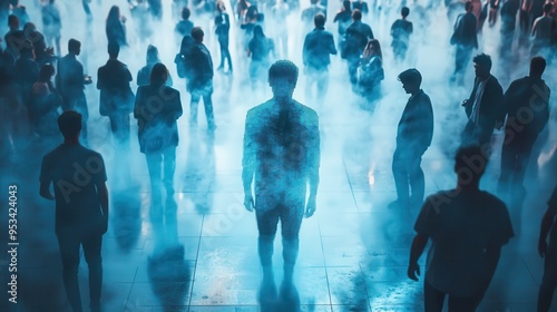 Social anxiety visualized as a person made of glass in a crowded room (copy space, fear of exposure, realistic, Composite, party backdrop)