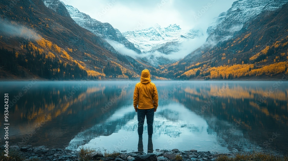 Reflection portrayed by a person looking into a calm lake and seeing multiple versions of themselves (close up, self-awareness, whimsical, Fusion, mountain lake backdrop) Reflection portrayed by a person looking into a calm lake and seeing multiple versions of themselves (close up, self-awareness, whimsical, Fusion, mountain lake backdrop)