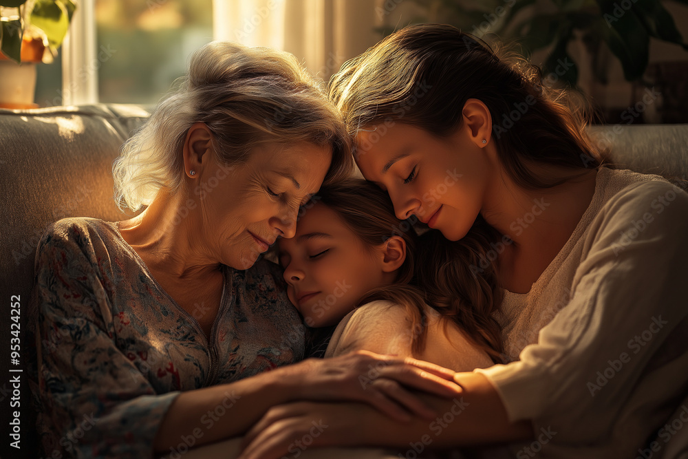 Three Generations of Women Embracing on a Cozy Couch in Warm Sunset Light Three Generations of Women Embracing on a Cozy Couch in Warm Sunset Light