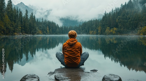 Reflection portrayed by a person looking into a calm lake and seeing multiple versions of themselves (close up, self-awareness, whimsical, Fusion, mountain lake backdrop)