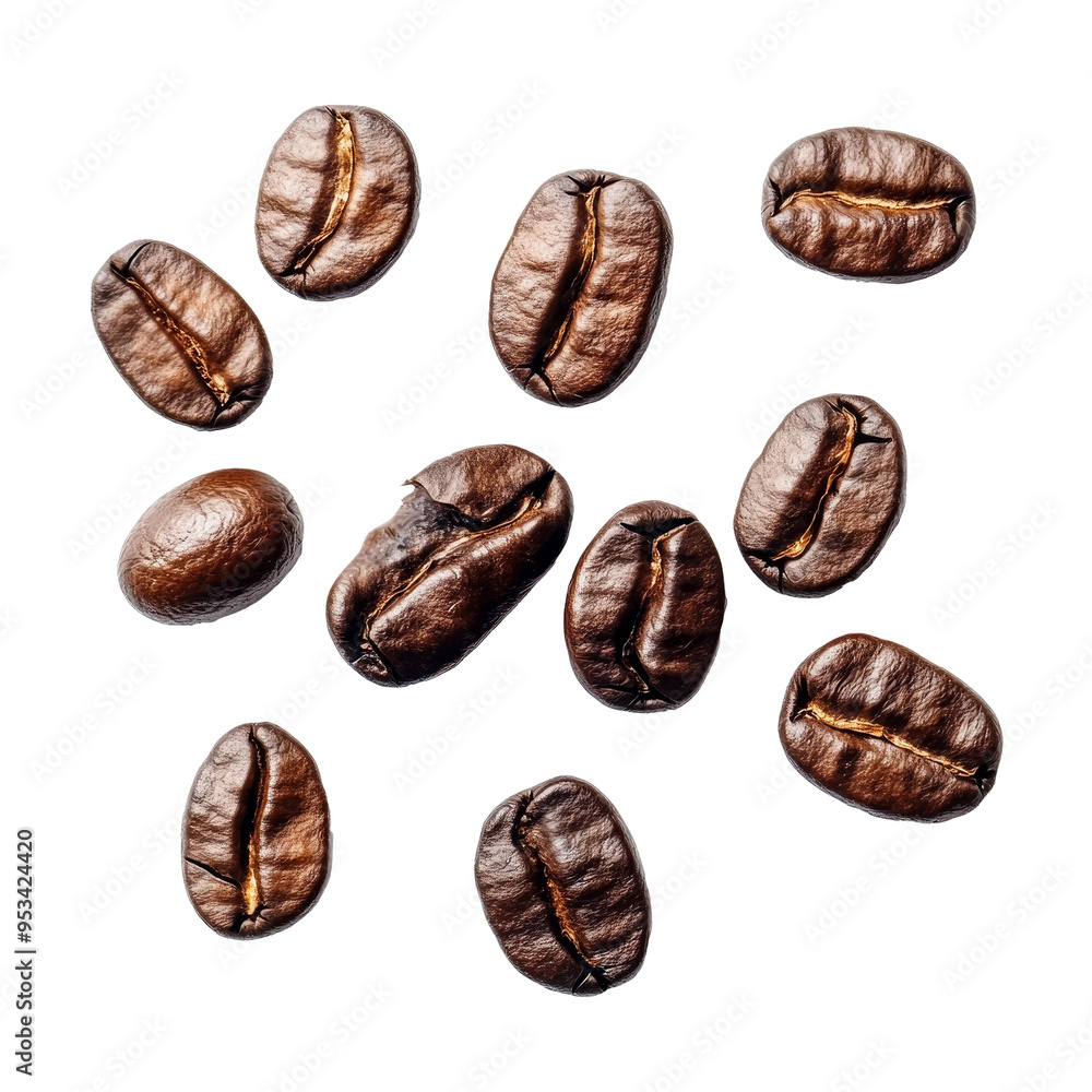 Several coffee beans are arranged on a transparent background, highlighting their deep brown tones and smooth surfaces, coffee beans on transparent background Several coffee beans are arranged on a transparent background, highlighting their deep brown tones and smooth surfaces, coffee beans on transparent background