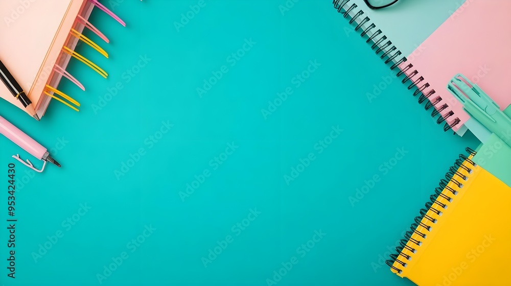 Colorful Notebooks and Pens on Teal Background Colorful Notebooks and Pens on Teal Background