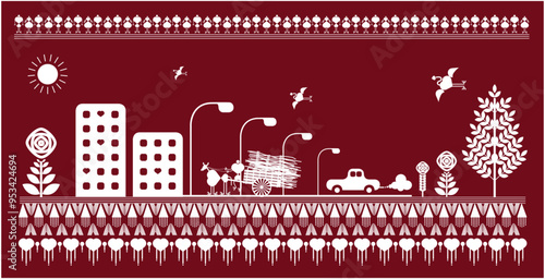 Indian tribal Painting. varli Painting of a city, warli painting,Warli Painting at Manav Sangrahalaya, Bhopal, Madhya Pradesh, India from northern Maharashtra