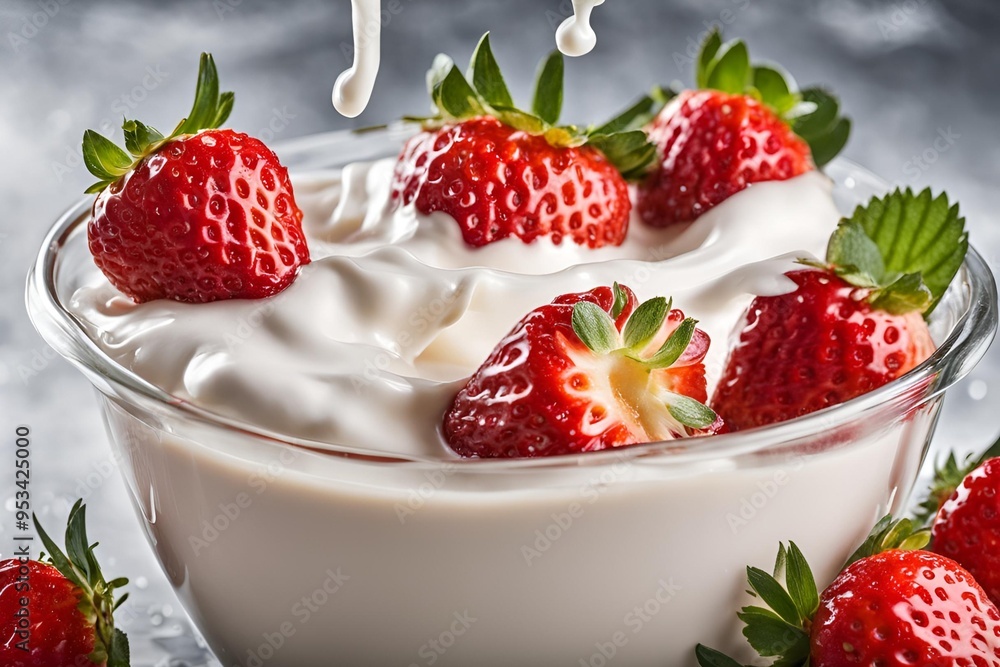 fresh strawberries splashing into creamy milk or yogurt, cut out fresh strawberries splashing into creamy milk or yogurt, cut out