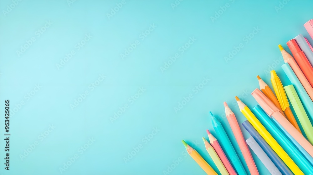 Fototapeta premium Colorful Pencils & Markers on Blue Background - Back to School