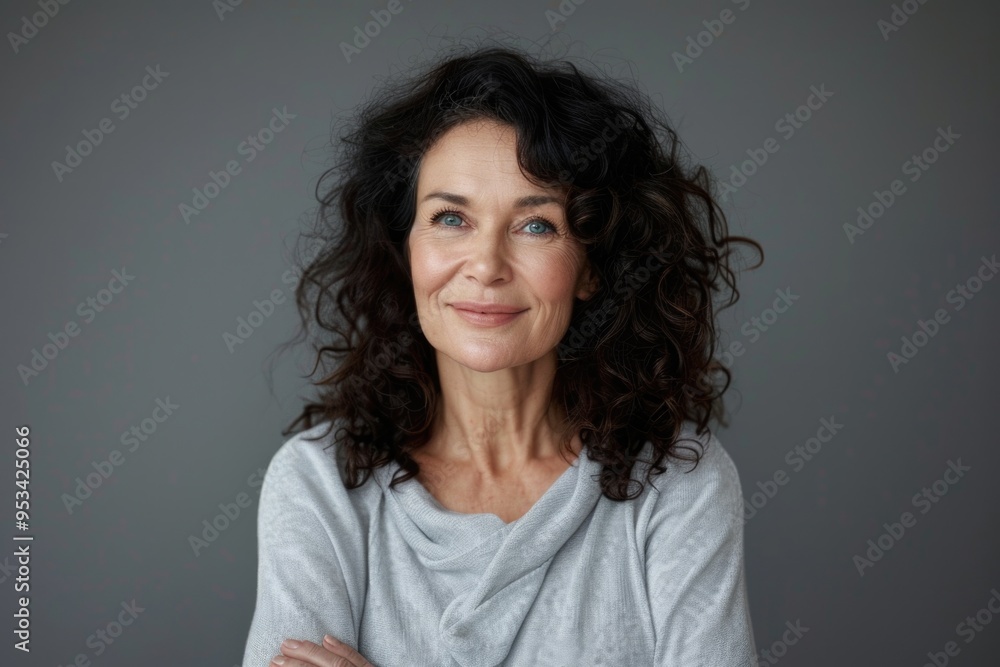 Obraz premium A woman with curly hair wearing a grey shirt, informative description only