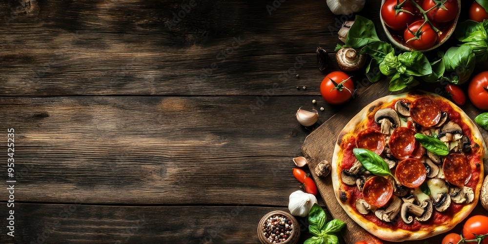Pizza avec champignons, fromage, pepperoni et basilic sur une table en bois rustique, entourée de tomates, d'ail, de légumes verts et d'autres ingrédients pour la préparation de la sauce. Pizza avec champignons, fromage, pepperoni et basilic sur une table en bois rustique, entourée de tomates, d'ail, de légumes verts et d'autres ingrédients pour la préparation de la sauce.