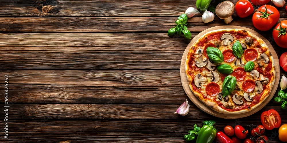 Pizza avec pepperoni, champignons et fromage sur un fond en bois, vue de dessus, entourée de tomates et d'ail. Image avec espace pour texte. Pizza avec pepperoni, champignons et fromage sur un fond en bois, vue de dessus, entourée de tomates et d'ail. Image avec espace pour texte.
