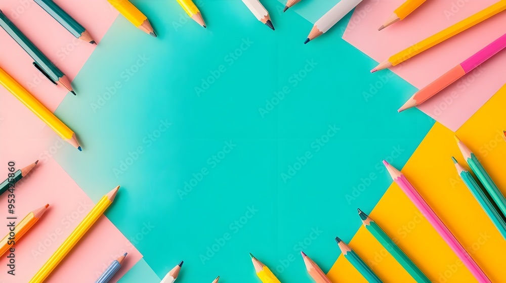 Fototapeta premium Colorful Pencils Frame on Pastel Background