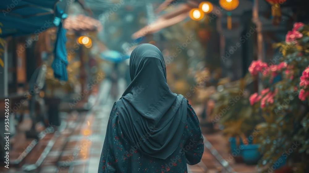 Woman in Hijab Walking Through a Narrow Street Woman in Hijab Walking Through a Narrow Street