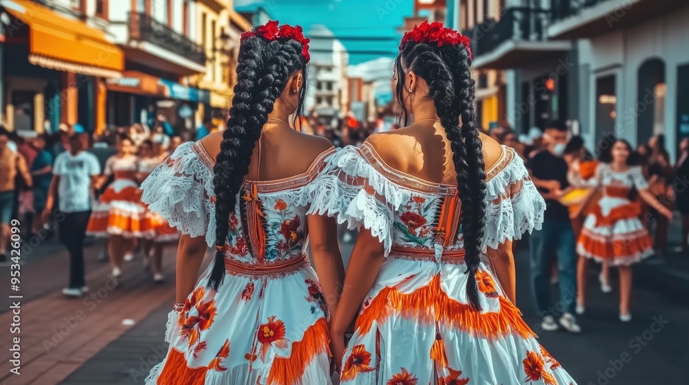 Two beautiful women in traditional folk costumes with intricate braided hair, strolling through an American town during the day. The woman on the right, taller with a long black ponytail, and both wea Two beautiful women in traditional folk costumes with intricate braided hair, strolling through an American town during the day. The woman on the right, taller with a long black ponytail, and both wea