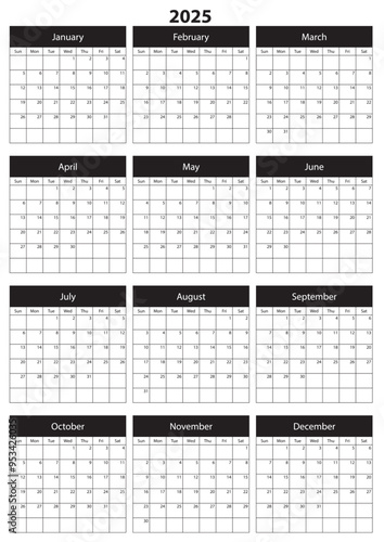 2025 Calendar Template. Vector calendar. Week starts sunday. Calendar template in minimal design