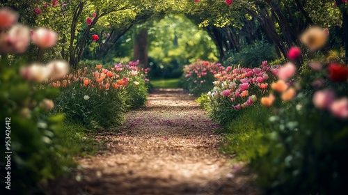 Fototapeta Naklejka Na Ścianę i Meble -  Photograph a charming garden path lined with blooming flower