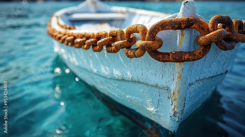 Close-Up of Old Rusty Chain on Bow Side with White Painted Fishing Boat in Turquoise Sea – Travel, Vacation, and Sailing Concept with Copy Space

 photo