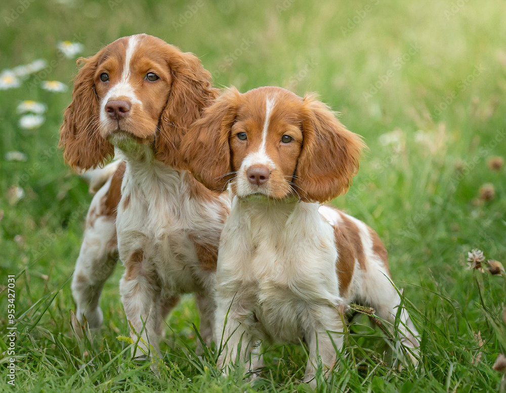Two cute Brittany spaniel puppies sitting side by side on green grass with flowers in the background during a sunny day Two cute Brittany spaniel puppies sitting side by side on green grass with flowers in the background during a sunny day