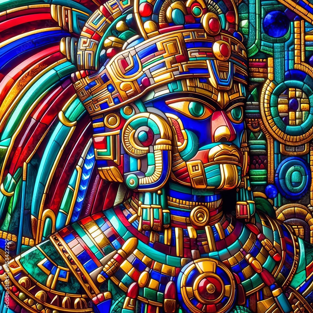 Mesoamerican Mayan A dazzling colorful depiction of a Mayan warr Mesoamerican Mayan A dazzling colorful depiction of a Mayan warr