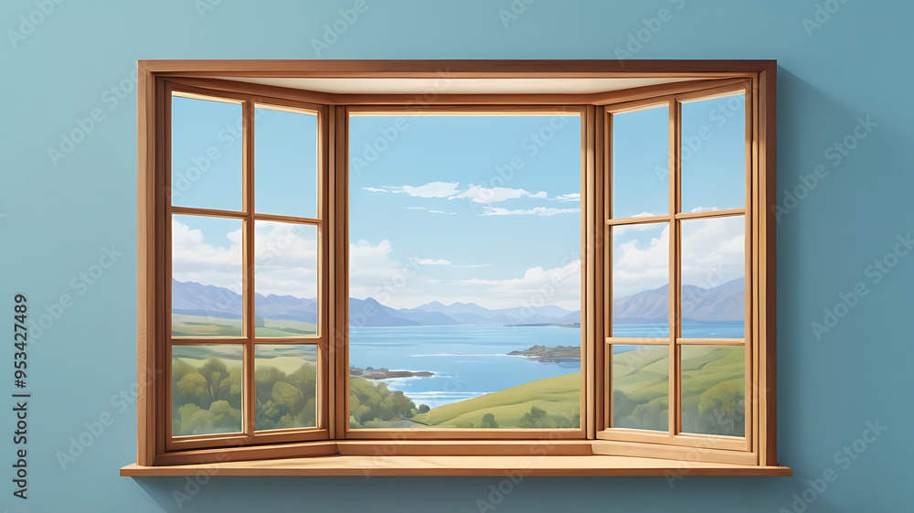Fototapeta premium Large bay window with expansive view, clear glass, simple wooden frame, set on a plain light blue background