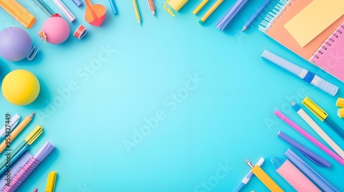 Colorful School Supplies Border on Blue Background