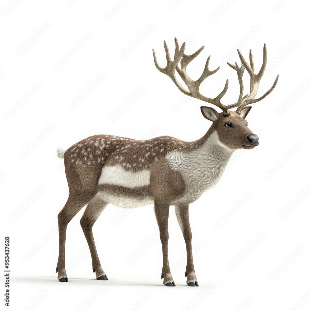 Fototapeta premium Fawn Deer with Large Antlers on White Background.