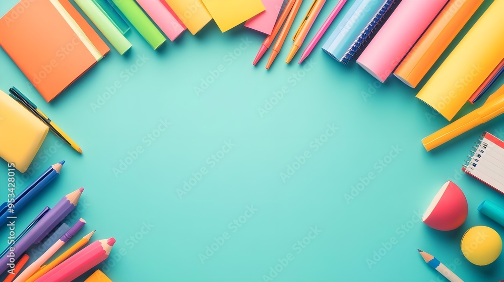 Fototapeta premium Colorful School Supplies Border on Teal Background