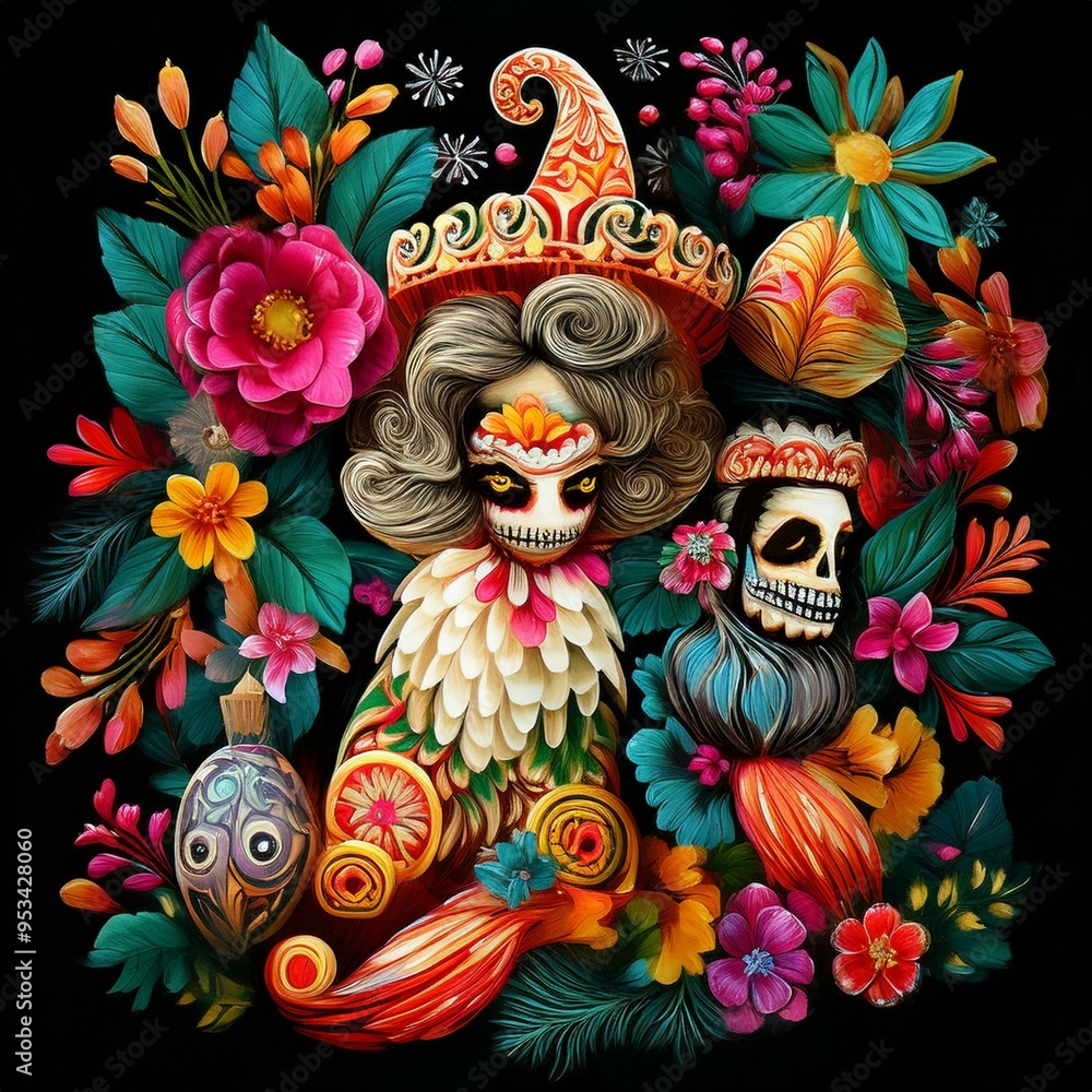 Intricate Dia de los Muertos couple adorned with colorful floral embellishments and traditional hats, symbolizing Mexican cultural heritage. Intricate Dia de los Muertos couple adorned with colorful floral embellishments and traditional hats, symbolizing Mexican cultural heritage.