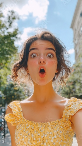 Retrato de una joven sorprendida con expresión de asombro en una calle soleada, usando un vestido amarillo veraniego photo