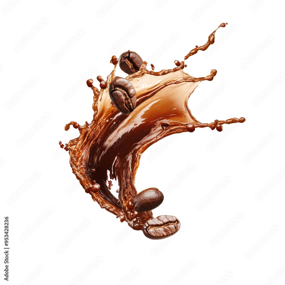 Fototapeta premium A rich coffee splash erupts while coffee beans scatter across a clean PNG surface, coffee splash with coffee beans on transparent background