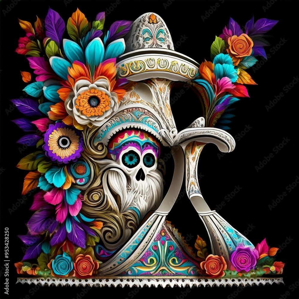 Fototapeta premium Intricately designed Dia de los Muertos skeleton adorned with an ornate hat and vibrant floral accents, symbolizing Mexican cultural traditions and celebration.