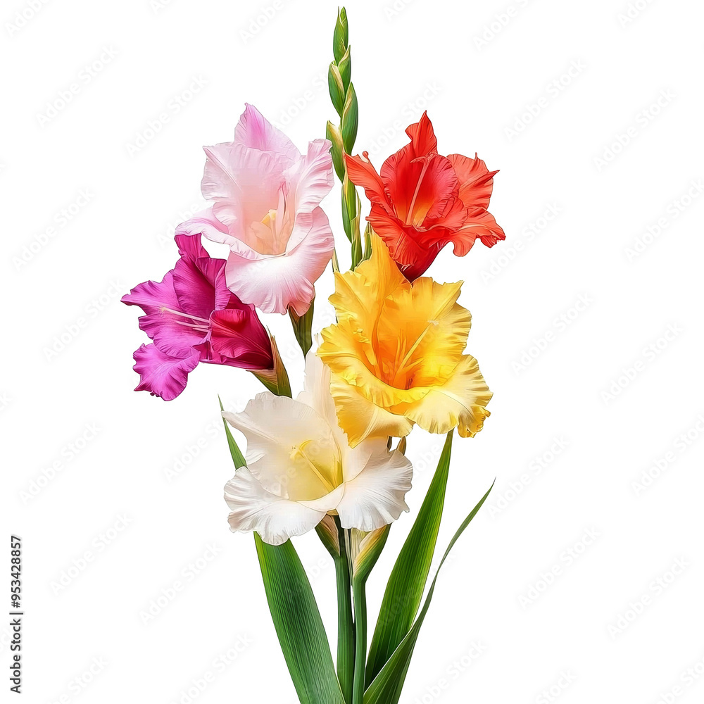 A vivid arrangement of colorful gladiolus flowers and lush green leaves on a PNG backdrop, colored gladiolus flowers isolated transparent background A vivid arrangement of colorful gladiolus flowers and lush green leaves on a PNG backdrop, colored gladiolus flowers isolated transparent background