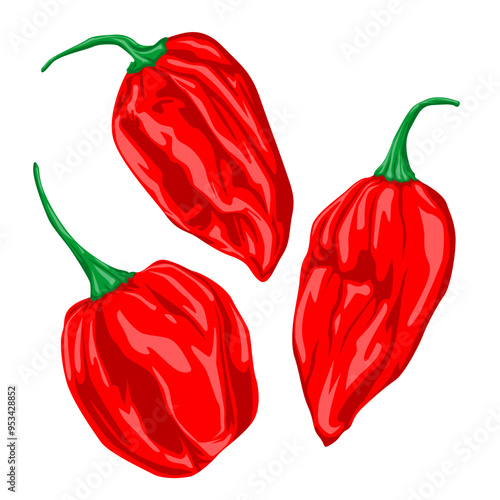 Flat Style Chili Pepper Cartoon Icons. Editable Vector Set of Hot Red Habanero and Chili Peppers Isolated on White Background