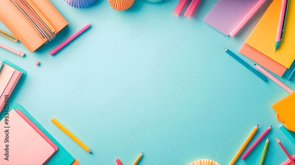 Colorful School Supplies Flat Lay on Blue Background Colorful School Supplies Flat Lay on Blue Background