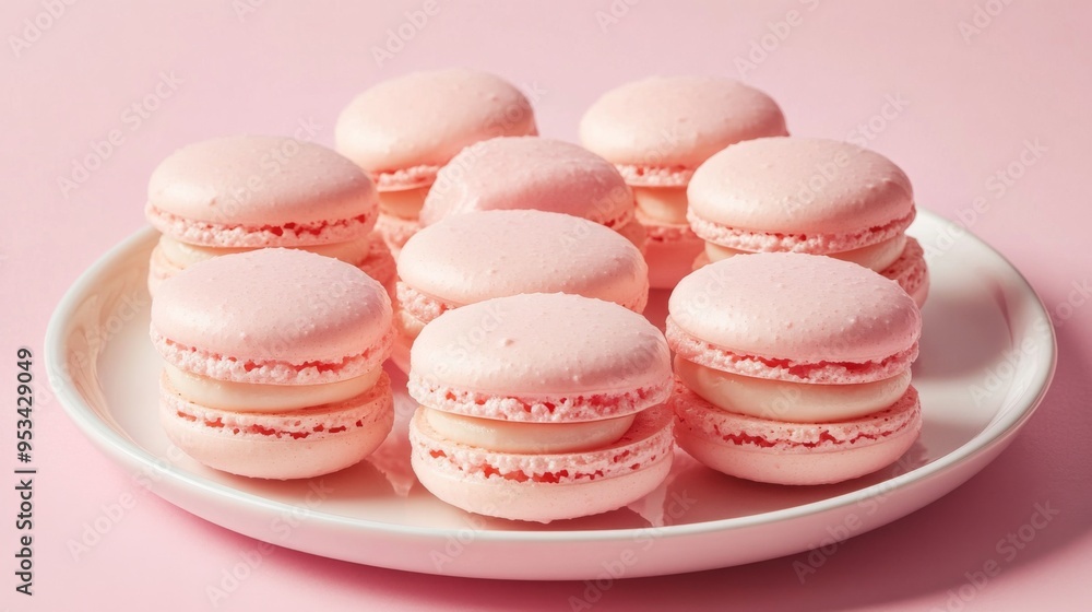 Obraz premium Sweet pink macarons neatly arranged on a white plate, with a soft pink background enhancing the pastel colors and delicate texture of the treats.