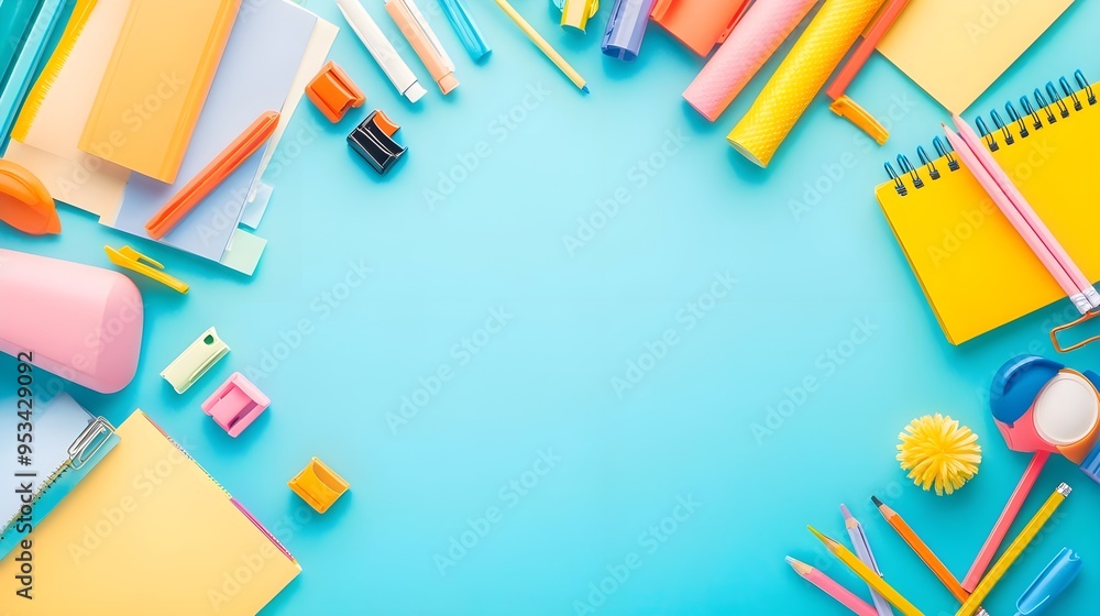 Colorful School Supplies Flat Lay on Blue Background Colorful School Supplies Flat Lay on Blue Background