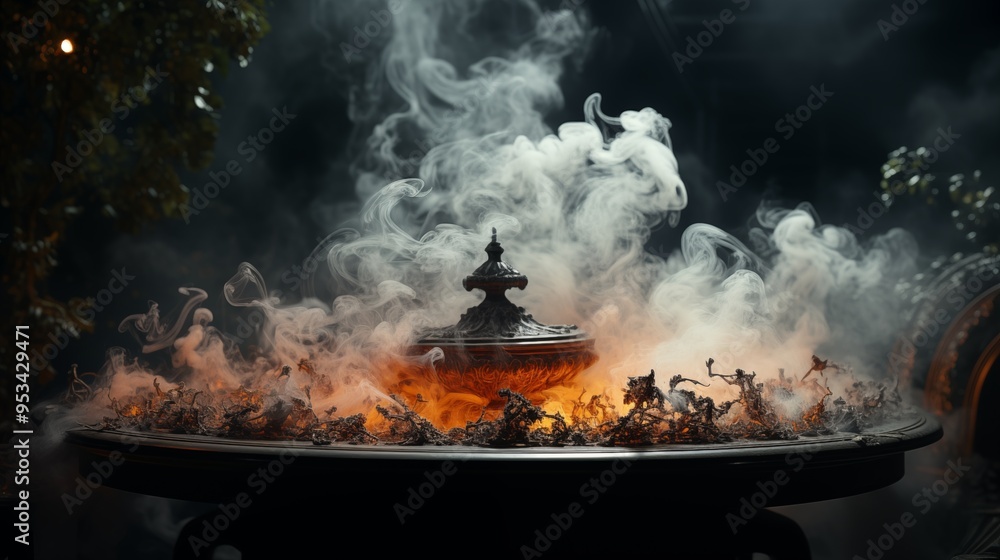 Wooden table with smoke on a dark background, Halloween concept. Wooden table with smoke on a dark background, Halloween concept.