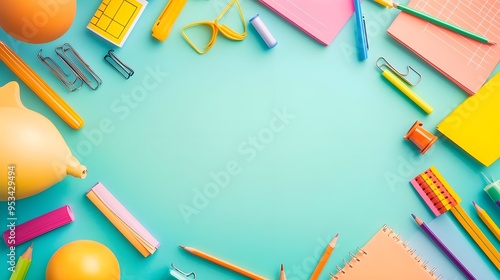 Colorful School Supplies Flat Lay on Mint Background