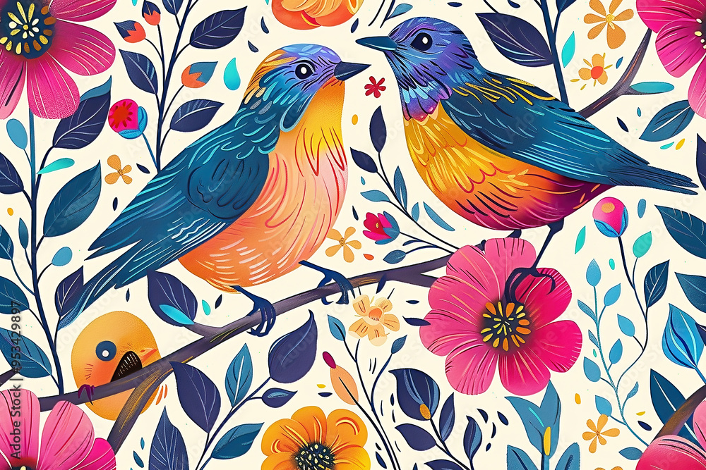 Cartoon pattern of birds and flowers in bright colors for children. Cartoon pattern of birds and flowers in bright colors for children.
