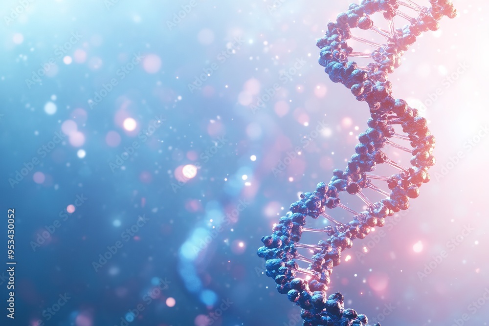 Illuminated DNA strand with bokeh effect on blue background Illuminated DNA strand with bokeh effect on blue background