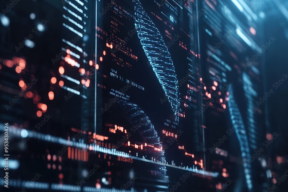 Obraz premium Futuristic digital data stream on server room backdrop