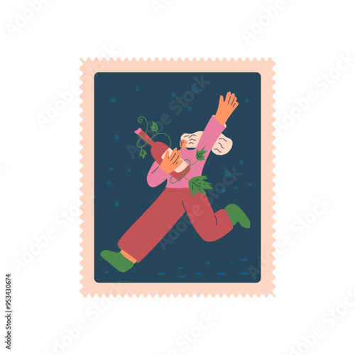 Wine lover postal stamp isolated on white background. Stylized woman with wine square sticker. Vector hand drawn illustration